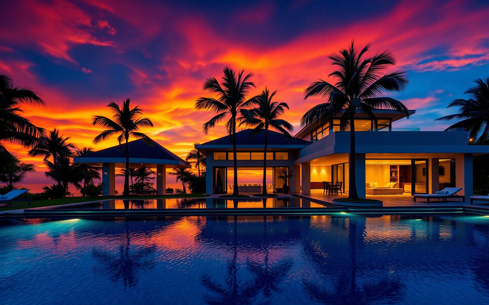 Villa with a pool at sunset